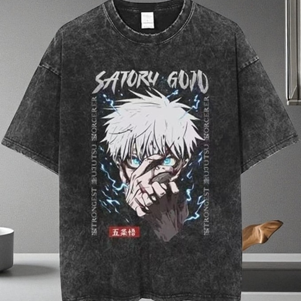 Anime Graphic Washed Black T-Shirt